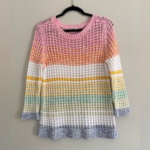 Talbots Petite Large Open Weave Stripe Cotton Sweater